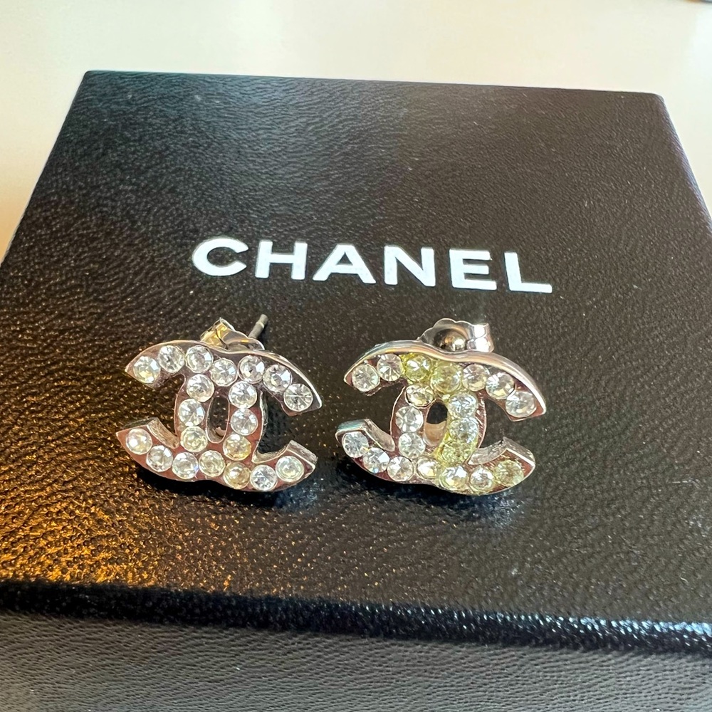 Chanel Authentic Small Rhinestone CC Logo Stud Earrings